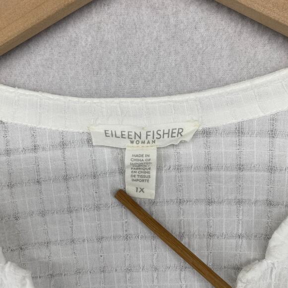 EILEEN FISHER Top 1X Organic Cotton Box Voile Boxy Button Up Short Sleeve White - Picture 5 of 13